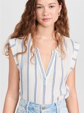 Faherty 100% Organic Cotton White and Blue Sleeveless Stripe Top
